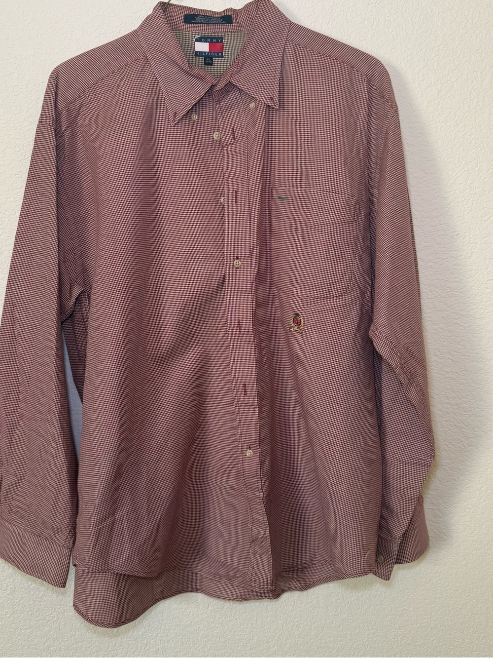 Vintage 90s Tommy Hilfiger Crest Logo Button Down Shirt Red Houndstooth Men's XL